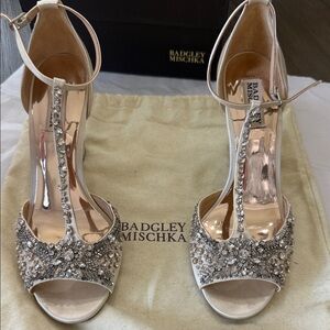 Badgley Mischka Ivory Crystal Embellished T-Strap Heels